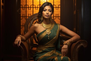 Elegant Indian woman in traditional green and gold clothing. A fictional character created by Generated AI