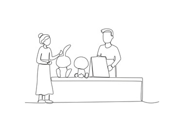 Continuous one line drawing of a doll seller serving customers at a traditional market
