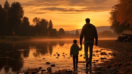 Rear view, Father and son walking along the riverside at sunset.
