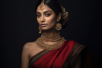 Elegant Indian Woman Adorned with Traditional Gold Jewelry. A fictional character created by Generated AI