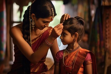 Naklejka premium A woman putting a chain or yajnopavit onto a little girl's head. A fictional character created by Generated AI