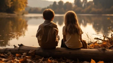  Two children sitting looking at the river in autumn. © visoot