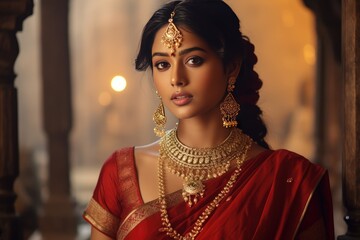 Beautiful Indian Woman Adorned with Gold Jewelry. A fictional character created by Generated AI - obrazy, fototapety, plakaty