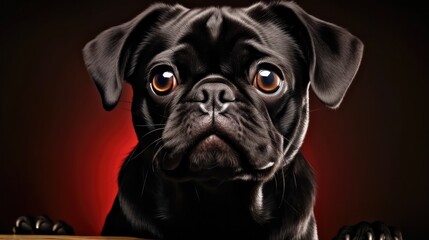 Serious black pug looking at camera on dark background.