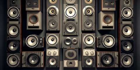 Music speakers on the wall background.   - obrazy, fototapety, plakaty