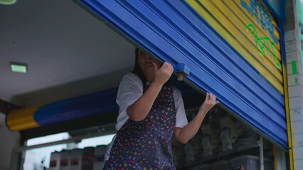 Person closing local storefront garage. Woman sliding down business facade