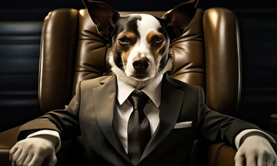 Dog wearing a black suit and tie, The big boss dog.