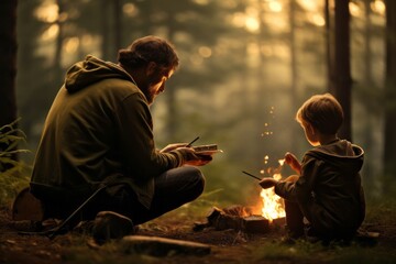 Father camping in the_forest with his son