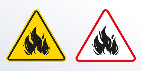 Fire warning signs. Flammable icon. Flame, danger triangle label. Vector illustration.