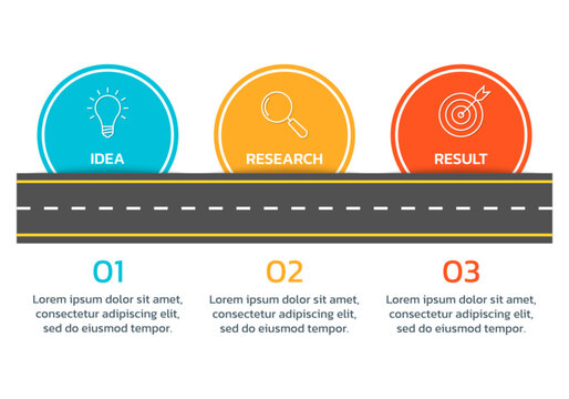 Road infographic. 3 step, option road map info graphic design. Timeline, presentation, business process template with modern icons. Vector illustration.  
