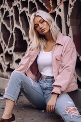 Fototapeta premium Fashionable woman in distressed jeans and a pink jacket posing in front of a brick wall. A fictional character created by Generated AI