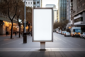 Urban Advertising Canvas Blank White Poster Sign Displayed on City Street. created with Generative AI