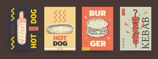 Set fast food template background for cover, poster, menu with burger, kebab, hotdog in vintage sketch style. Collection bright creative graphic concept design. Vector illustration. - 634682206