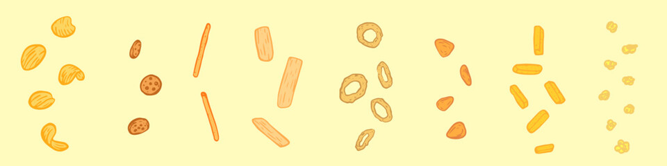 Set snacks elements in hand drawn vintage style. Potato chips, crackers, bread sticks, onion rings, nachos, popcorn, french fries, cookies. Color vector illustration.