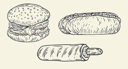 Hamburger and hot dog in vintage hand drawn style. Cartoon sketch delicious fast food. Engraving graphic design for menu, banner, cover. Monochrome vector retro illustration.