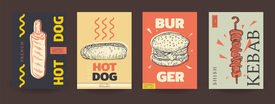 Set fast food template background for cover, poster, menu with burger, kebab, hotdog in vintage sketch style. Collection bright creative graphic concept design. Vector illustration.