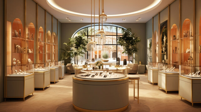 A modern jewelry store. Showcasing the interior of a contemporary jewelry store