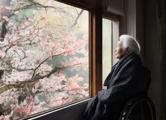 窓の外の桜を眺める車椅子に乗ったシニア女性