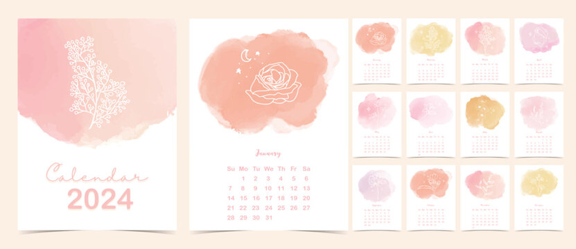 2024 watercolor monthly calendar with orange,yellow,pink.Vector illustration for kid and baby.Editable element