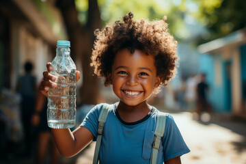 Fototapeta Draught in Africa, lack of clean water, world's global warming, climate change problem concept. Happy little thirsty child with bottle of pure fresh drinking water in his hand. Generative AI obraz
