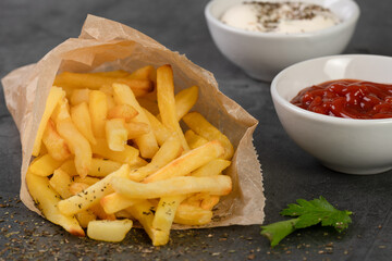 French fries with mayo and ketchup