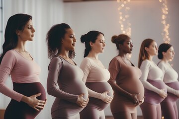 Diverse group of pregnant women practicing relaxation exercises in the gym