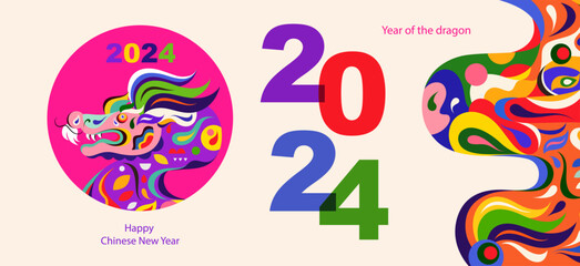 Happy Chinese New Year 2024 vector design. Symbol of 2024 Year of the Dragon. 2024 Happy New Year template. Vector illustration with colorful Dragon. Calendar design