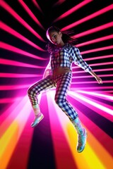 Obraz premium Energetic girl dancing in a neon-lit studio. A fictional character created by Generated AI