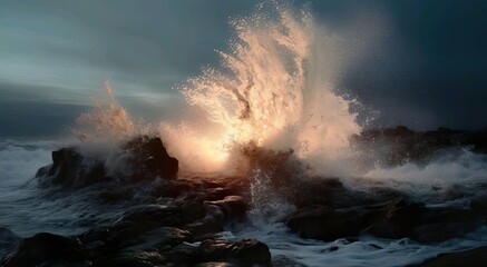 The sun is setting over the rocks and water wave hit the rock near shore