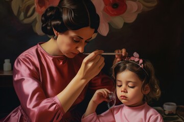 A little girl getting her hair done by a woman. A fictional character created by Generated AI