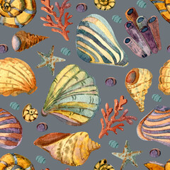 Crab, shells, seaweed, jellyfish, anchor, marine life, starfish and coral. Seamless watercolor pattern on a gray background, handmade. Scrapbooking, memories. 