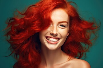 Beautiful red-haired woman smiling and waving. A fictional character created by Generated AI