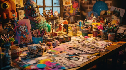 A desk full of drawing and painting tools