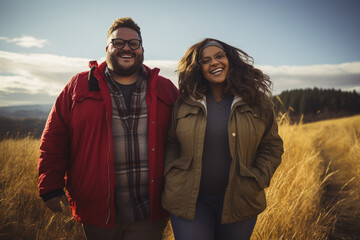 friends or a couple going for a brisk walk or hike, exemplifying the social and active aspects of weight loss  - obrazy, fototapety, plakaty