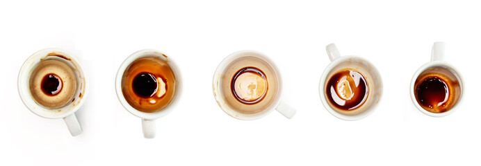 Top view of cups of coffee on white background