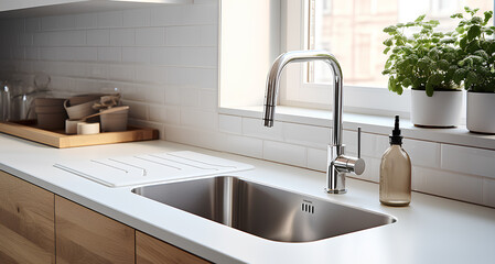 Scandinavian style sink design, Sinks for a modern and simple kitchen - obrazy, fototapety, plakaty