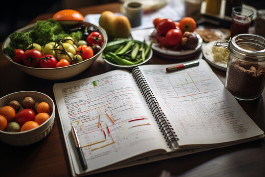 journal with weight loss records, fitness routines, and meal plans, highlighting the importance of tracking for success 