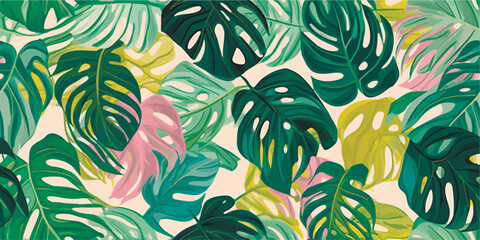 Monstera leaf seamless pattern, hand drawn botanical, spring and Summer time, green style, natural ornaments for textile, fabric, wallpaper, background