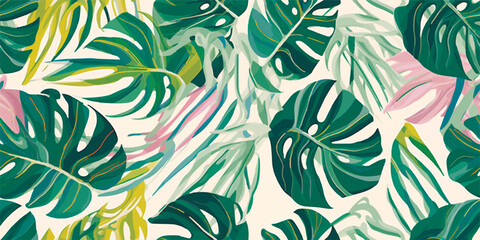 Monstera leaf seamless pattern, hand drawn botanical, spring and Summer time, green style, natural ornaments for textile, fabric, wallpaper, background © Eli Berr