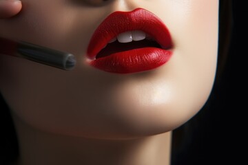 Beautiful woman with red lips and perfect skin holding a makeup brush. A fictional character created by Generated AI