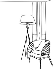 Hand drawn room interior. Chair and plaid.