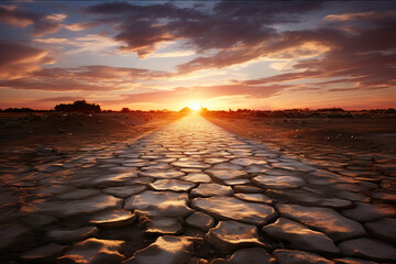 Captivating Sunset over Broken Roads in the Desert Background.. created with Generative AI