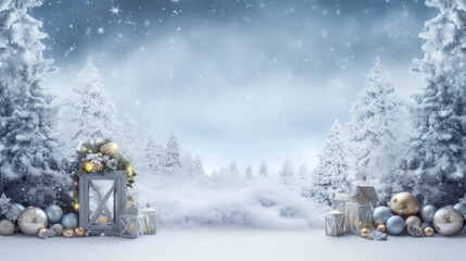Fototapeta na wymiar Beautiful Christmas tree in winter landscape, illustration. space for text