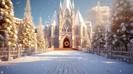 Foto op Canvas serene view of a cathedral adorned with christmas decorations cartoon style © For