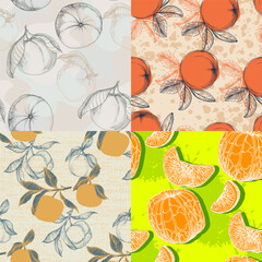 Mandarin Floral Pattern, Vector Seamless Fruit Background, Citrus Fruits, Flowers, Leaves, Texture. Vintage Lemon Design for Print, Wedding, Backdrop, Wallpaper