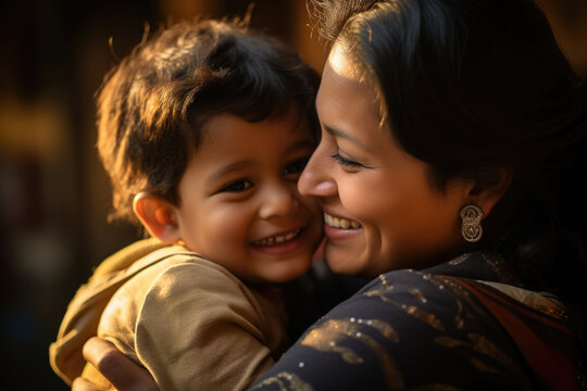 A Woman's Face Lights Up With A Warm Smile And Looking Affectionately At Her Child. They Share A Joyful Moment, Embodying Matural Love.