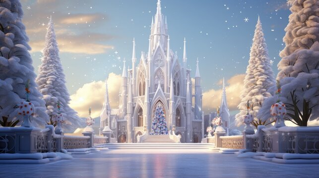 serene view of a cathedral adorned with christmas decorations cartoon style