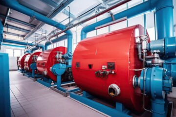 Modern industrial gas boiler room equiped for heating process. Heating gas boilers, pipelines
