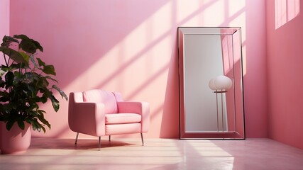 Mirror and armchair near large houseplant in pink room