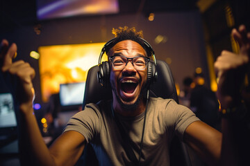 Fototapeta premium Gamer's jump of joy with a wide grin, gamer rejoices in victory, blurred background, bokeh Generative AI